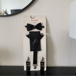 NWT Cat & Jack Kids Black Suspenders, Pocket Square and Bow Tie Set